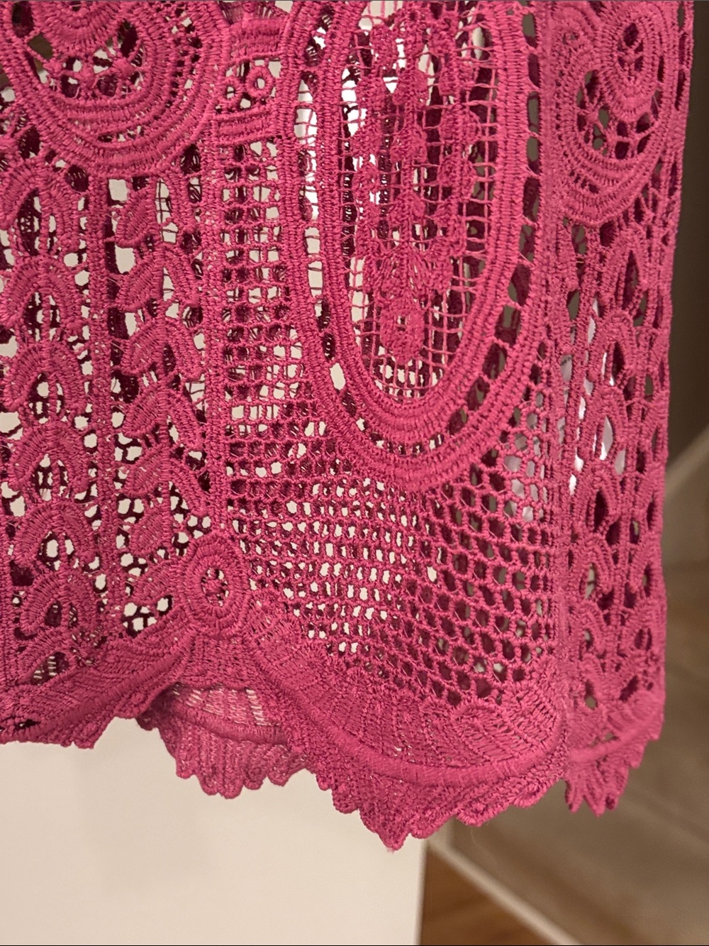 Anthropologie Chloe Oliver Pink Embroidered Crochet Lace Top S Modified Sleeve - Picture 7 of 9